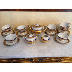 HARDEK Bavaria 12 Piece Gold & Blue China Tea Set with sugar and creamer